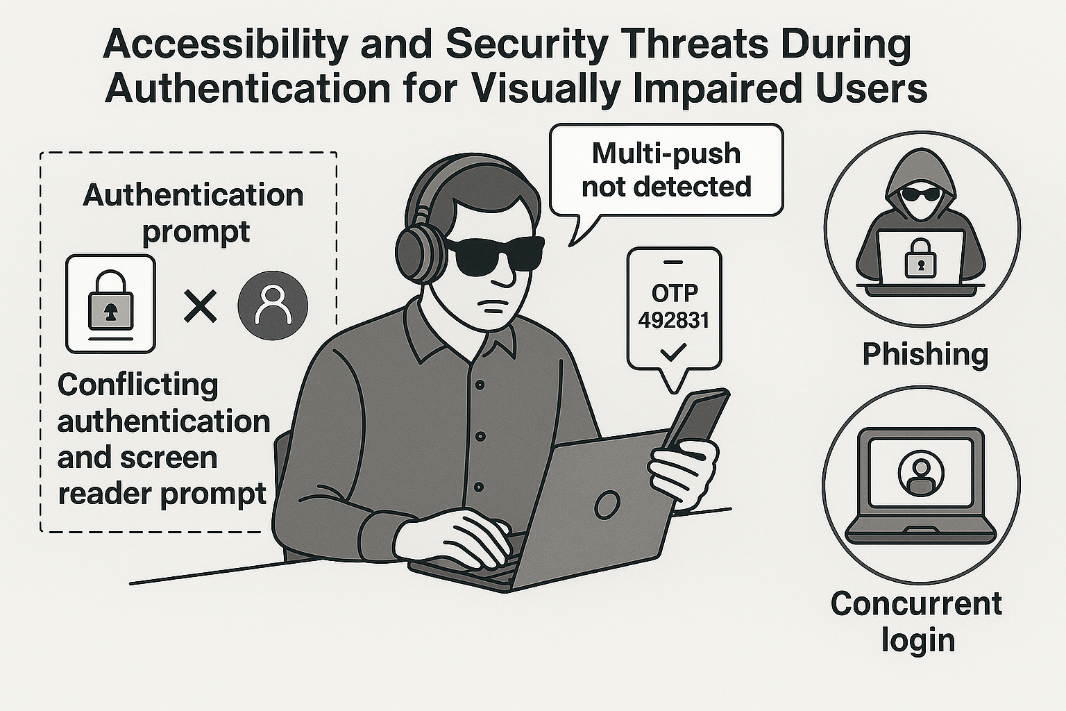 Illustration showing a blind user using a laptop and phone with screen reader, facing push notification and phishing risks